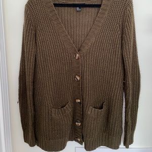 DARK GREEN/BROWN CABLE KNIT CARDIGAN W/ ELBOW PATCHES